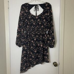 NEW! J.O.A. Black Floral Back Cut Out Smocked Waist Asymmetrical Dress Med